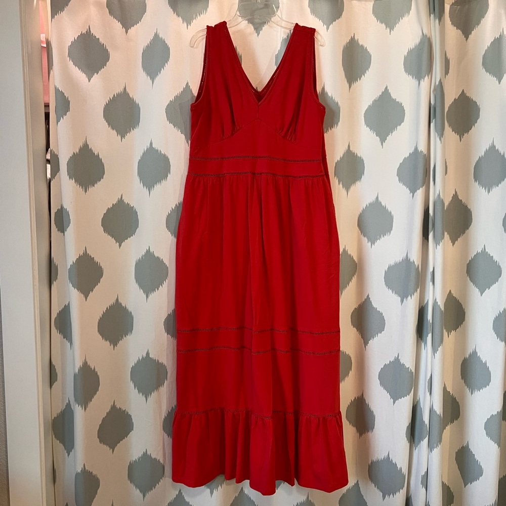 Lands' End Red V-Neck Sleeveless Tiered Maxi Dress
